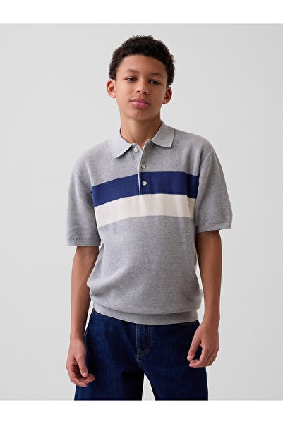 GAP Erkek Çocuk Gri Relaxed Stripe Polo Triko T-Shirt