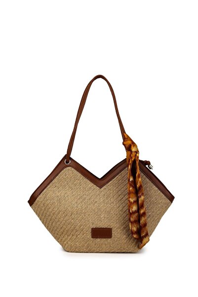 Zealous Γυναικεία τσάντα ώμου με ψάθινο φερμουάρ με λεπτομέρεια κασκόλ