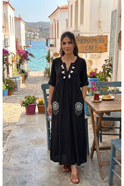 MONAMORE Γυναικείο φόρεμα από βισκόζη με κεντημένες τσέπες και φούντες, έθνικ...