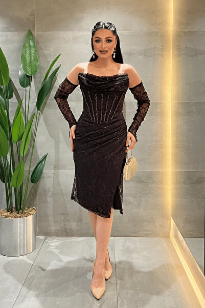 giyimmasalı Φόρεμα με δαντέλα και λεπτομέρεια από χάντρες - ΣΚΟΥΡΟ ΚΑΦΕ