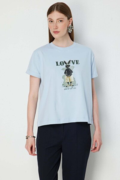 ON Tricou din bumbac cu imprimeu iepure și guler rotund