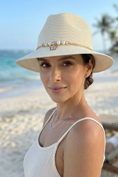 Ritagarcia Γυναικείο ψάθινο καπέλο Fedora, κομψό καπέλο παραλίας με αξεσουάρ