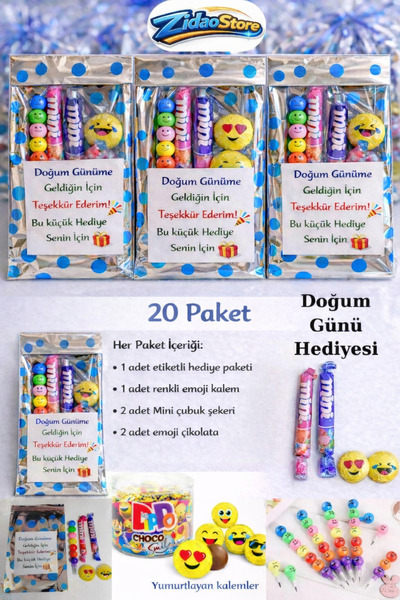 Emrah Gültekin Doğum Günü Hediyesi 20 Paket Emojili Kalem-Şeker-Çikolata Seti...