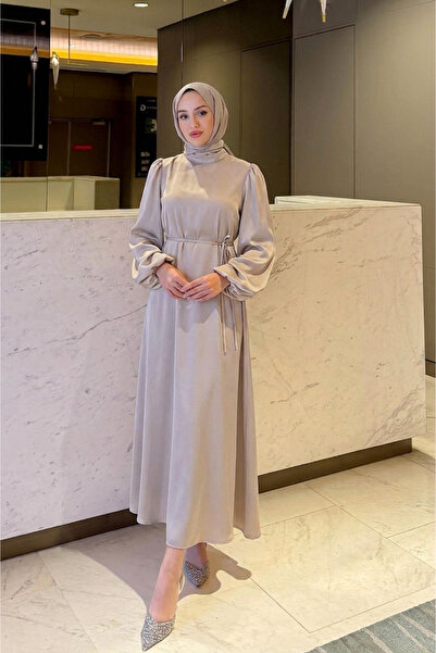 Tesettür Diyarı Satin Dress with Balloon Sleeve and Waist Tie Detail