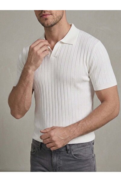 homiro Ανδρικό T-Shirt με λεπτή γραμμή σε εκρού χρώμα με λαιμόκοψη πόλο - Λευκό