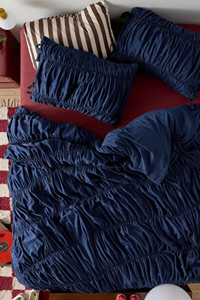 İQON Σετ Παπλωματοθήκη Μονόπλευρο Πλισέ Σκούρο Μπλε