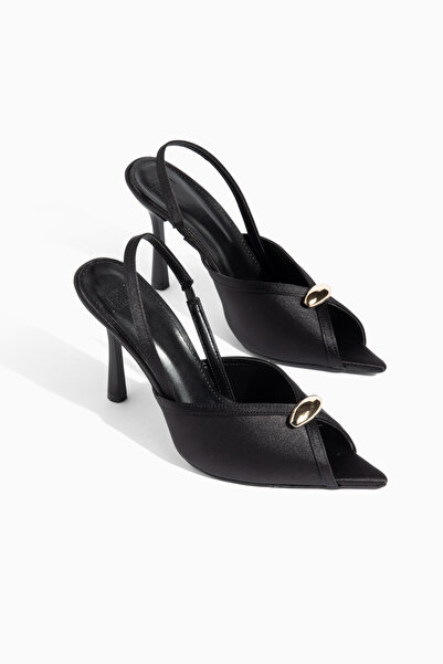 camaiore Μαύρα σατέν δερμάτινα καλοκαιρινά παπούτσια με τακούνι