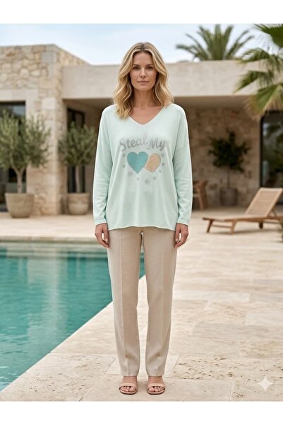 Punta Otantik YG27060 Ιταλική πλεκτή μπλούζα με στάμπα διπλής καρδιάς, χρώμα ...