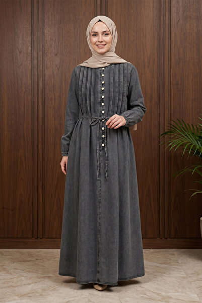 FERHEL Γυναικείο τζιν φόρεμα με ελαστικούς μανίκια, δεμένη μέση, πλισέ και κο...