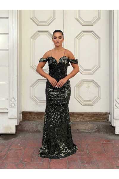 WoolnClyde Γυναικείο μαύρο μακρύ βραδινό φόρεμα με λουράκια, ανοιχτούς ώμους,...