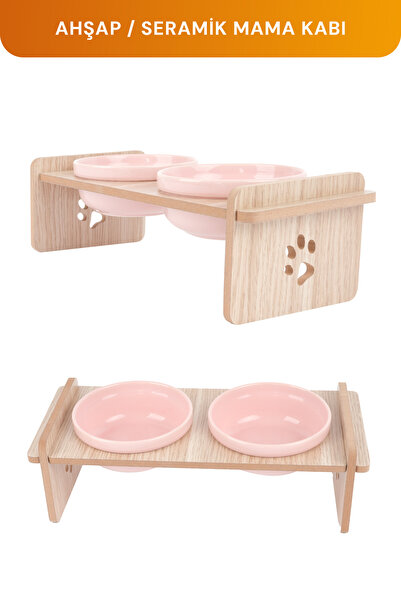 GOBYPET Ahşap Standlı Seramik Kaseli Kedi-Köpek Mama Ve Su Kabı