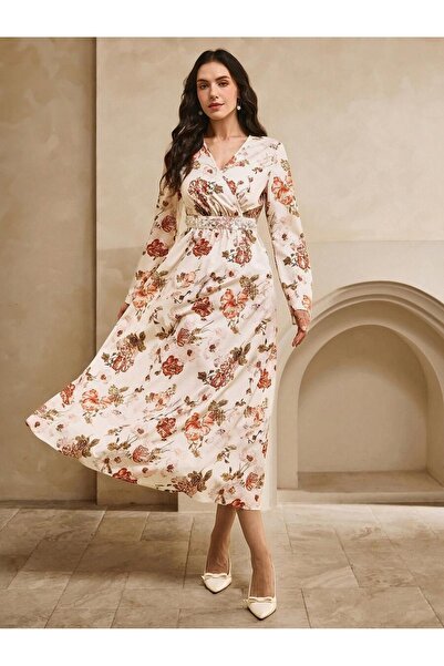 Iuliashop Rochie midi Sorana crem cu imprimeu floral maro - S