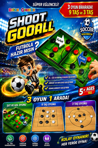 Doğan Oyuncak Dünyası Ahşap Şut ve Gol Oyunu + 9 Taş ve 3 Taş Oyunu - Shoot G...