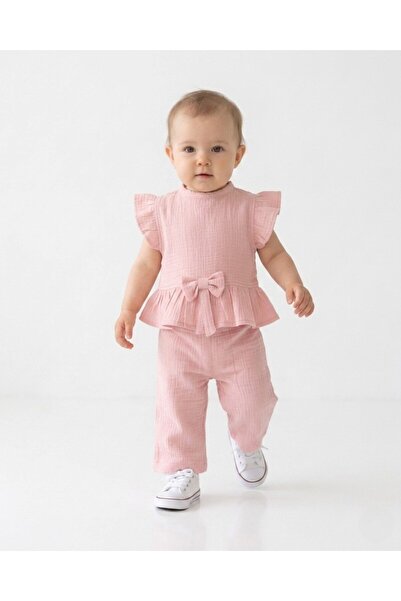 Ege Bebek Kız Bebek Yazlık Müslin Fiyonk Detaylı Pantolonlu, Bluzlu 6-9-12-18...