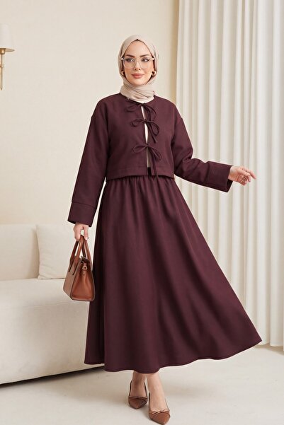 Modamorfo Λινό σετ με δαντέλα μπροστά και φούστα με ελαστική μέση - Σκούρο Μωβ