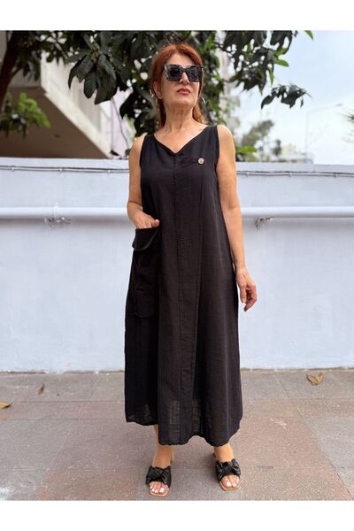DenizEge Φόρεμα με λινό λουράκι και μεγάλη τσέπη, μαύρο