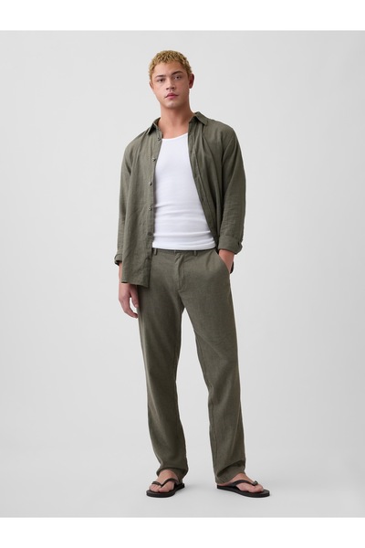 GAP Erkek Haki Straight Keten Karışımı Pantolon