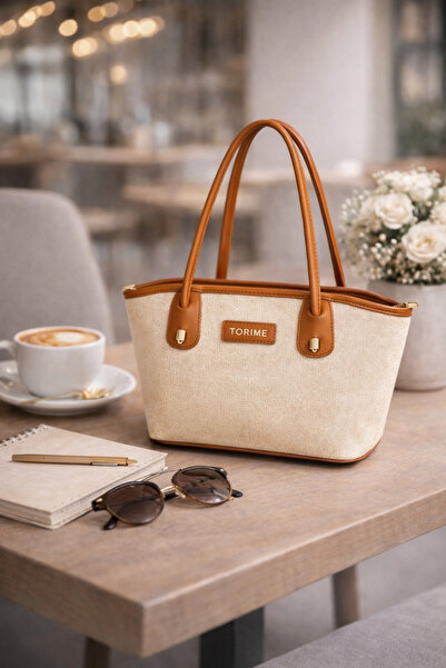 torime Γυναικεία λινή (καμβά) τσάντα ώμου με δερμάτινη λεπτομέρεια, καθημεριν...