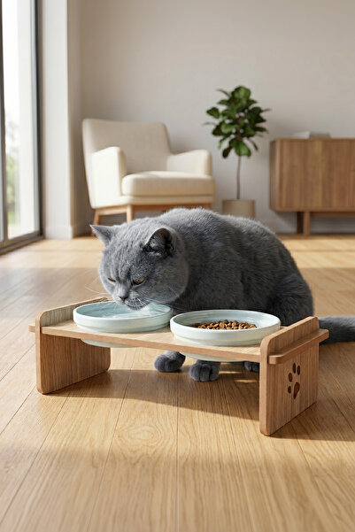 GOBYPET Ahşap Standlı Seramik Kaseli Kedi-Köpek Mama Ve Su Kabı
