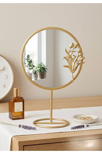 DEVADA HOME Gold Metal Ayaklı Yuvarlak Dekoratif Masa Aynası Şık Tasarım