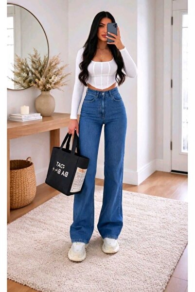 NWC Love 90`s Lycra Casual Γυναικείο Μεσαίο Μπλε Παντελόνι Τζιν Palazzo με Φα...