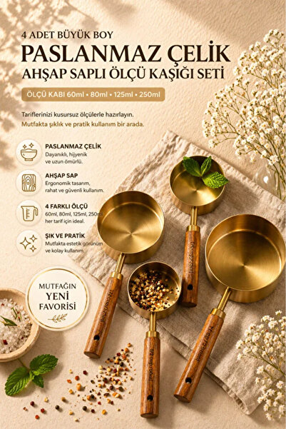 AYGÖREN HOME Paslanmaz Çelik Ölçü Kaşığı Seti Ahşap Saplı 4’lü Ölçü Kabı