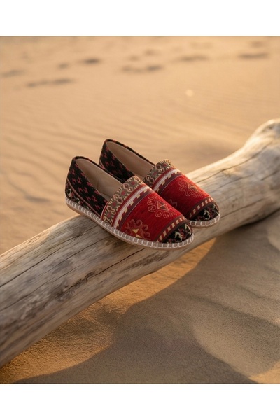 futsi shoes Kilim Desenli Hakiki Deri Kadın Espadril Ayakkabı