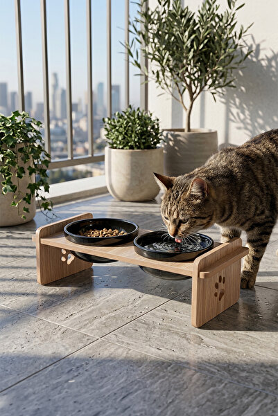 GOBYPET Ahşap Standlı Seramik Kaseli Kedi-Köpek Mama Ve Su Kabı
