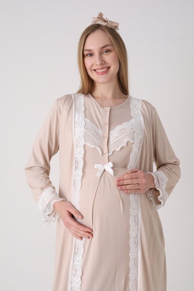 ERDENİZ TEKSTİL Women's Guipure Lace Detailed Maternity Dressing Gown and Nightgown Set - Breastfeeding Buttoned Cotton Maternity Set