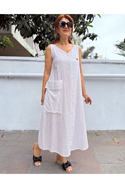 DenizEge Λινό φόρεμα με τιράντες και μεγάλη τσέπη, λευκό