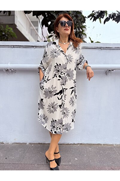 DenizEge Μαύρο γκρι φλοράλ φόρεμα βισκόζης