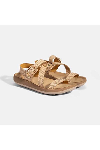 Desa Women's Beige Printed Wedge Heeled Leather Sandals