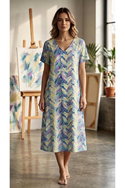 Sinem Çeyiz Good Night 1033 Colorful Brushed Woven Fabric V-Neck Half Sleeve ...
