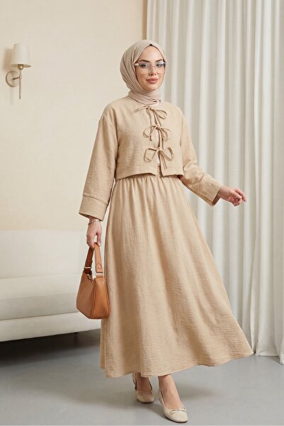 Modamorfo Λινό σετ με δέσιμο με κορδόνια, ελαστική μέση και φούστα - βιζόν