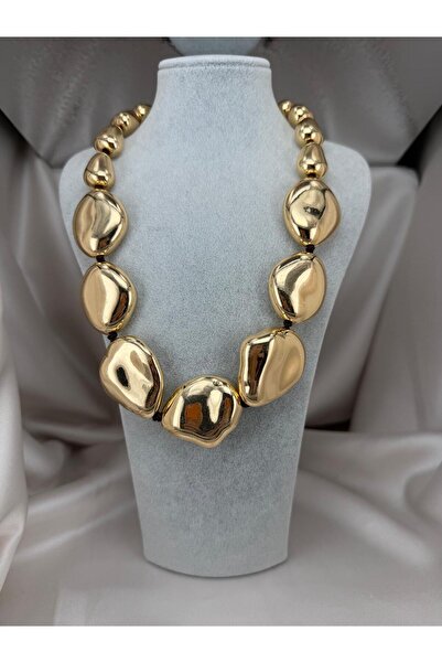 ZS Aksesuar Gold Color Big Form Bead Necklace Flashy Modern Statement Women's...