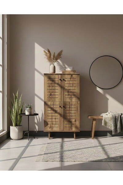 ELEGANT MOBİLYA Modern Ceviz Ayakkabılık Dolap 4 Raflı Kapaklı Çok Amaçlı Dol...