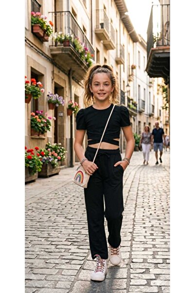bubiee baby Girl's Black Waist-Crossed Detailed Crop Comfortable Cut Pants Set