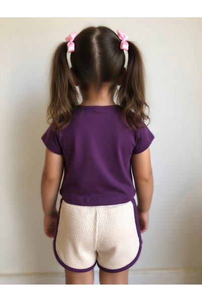 RİRİKİDS Purple Rabbit Girl's Crop Shorts Set