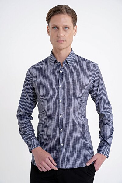 Efor Erkek Slim Fit Klapa Yaka Esnek Pamuklulu Siyah Çizgili Gömlek G 1599