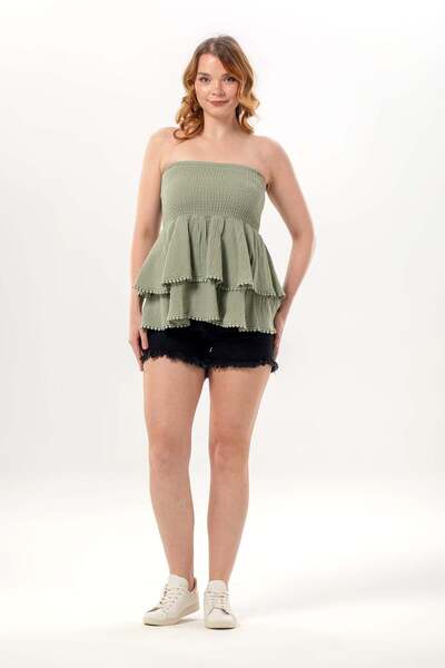 Eliş Şile Bezi Σεβιλάι Πολυεπίπεδη Μπλούζα-Φούστα Μουσελίνας με Βολάν σε Πράσ...