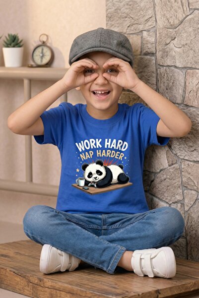 Funkaar Unisex Kids' Work Hard, Nap Harder Panda Cotton T-Shirt