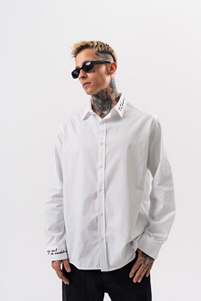 Respire Ανδρικό πουκάμισο ποπλίνα με λεπτομέρειες κεντήματος, oversize, λευκό