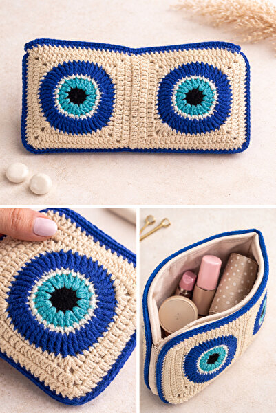 Miliva Χειροποίητη πλεκτή τσάντα μακιγιάζ με φερμουάρ και κορδόνια Nazar