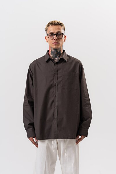 Respire Ανδρικό πουκάμισο ποπλίνα oversize καπνιστό