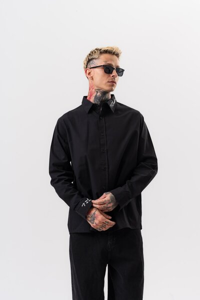 Respire Ανδρικό πουκάμισο ποπλίνα με λεπτομέρειες κεντήματος, oversize, μαύρο