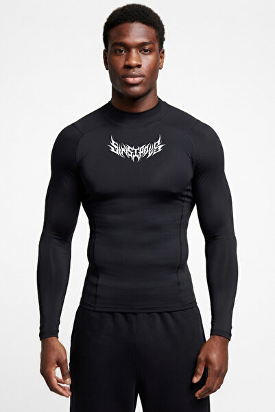 Flex Premium Gotik Model2 Yazılı Siyah Uzun kol Compression Erkek T-Shirt Spo...