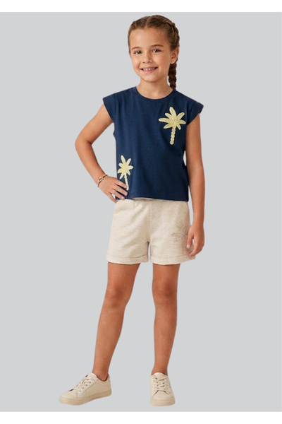ww waka waka kids store طقم شورت صيفي للفتيات من القطن مع تطريز على شكل نخيل