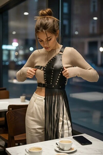 Mariposa Secret Black Skirt with Leather Studs and Asymmetrical Tassels - Brf...