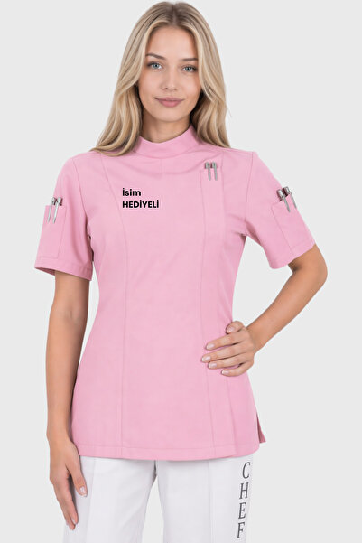 Üniformanya İsim Hediyeli Açık Pembe Kısa Kollu Kadın Aşçı Ceketi Şef Ceketi ...