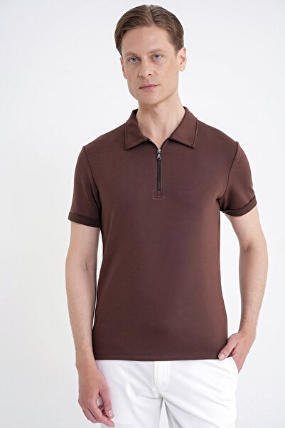 Efor Slim Fit Esnek Pamuklu Fermuarlı Polo Yaka Kahverengi Tişört TS 926